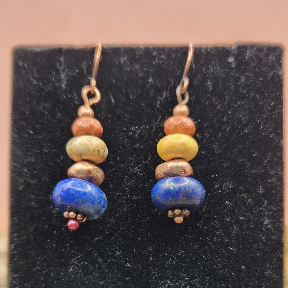 Lapis Lazuli, Picture Jasper, Goldstone, and Copper Stacked Earrings - Picture 2 of 4